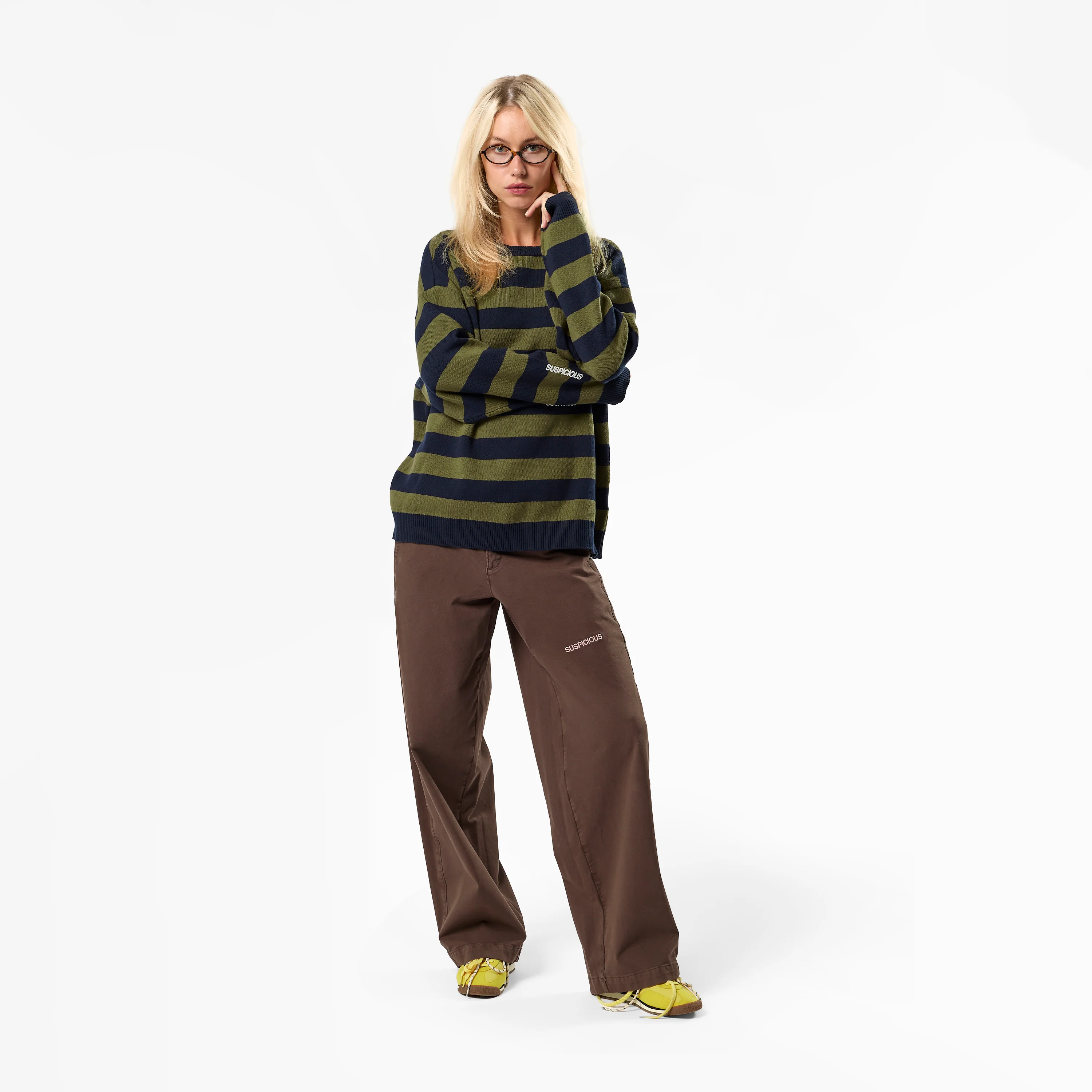 Fall / Striped Cotton Knit - Dark Navy & Olive Green - Image 3