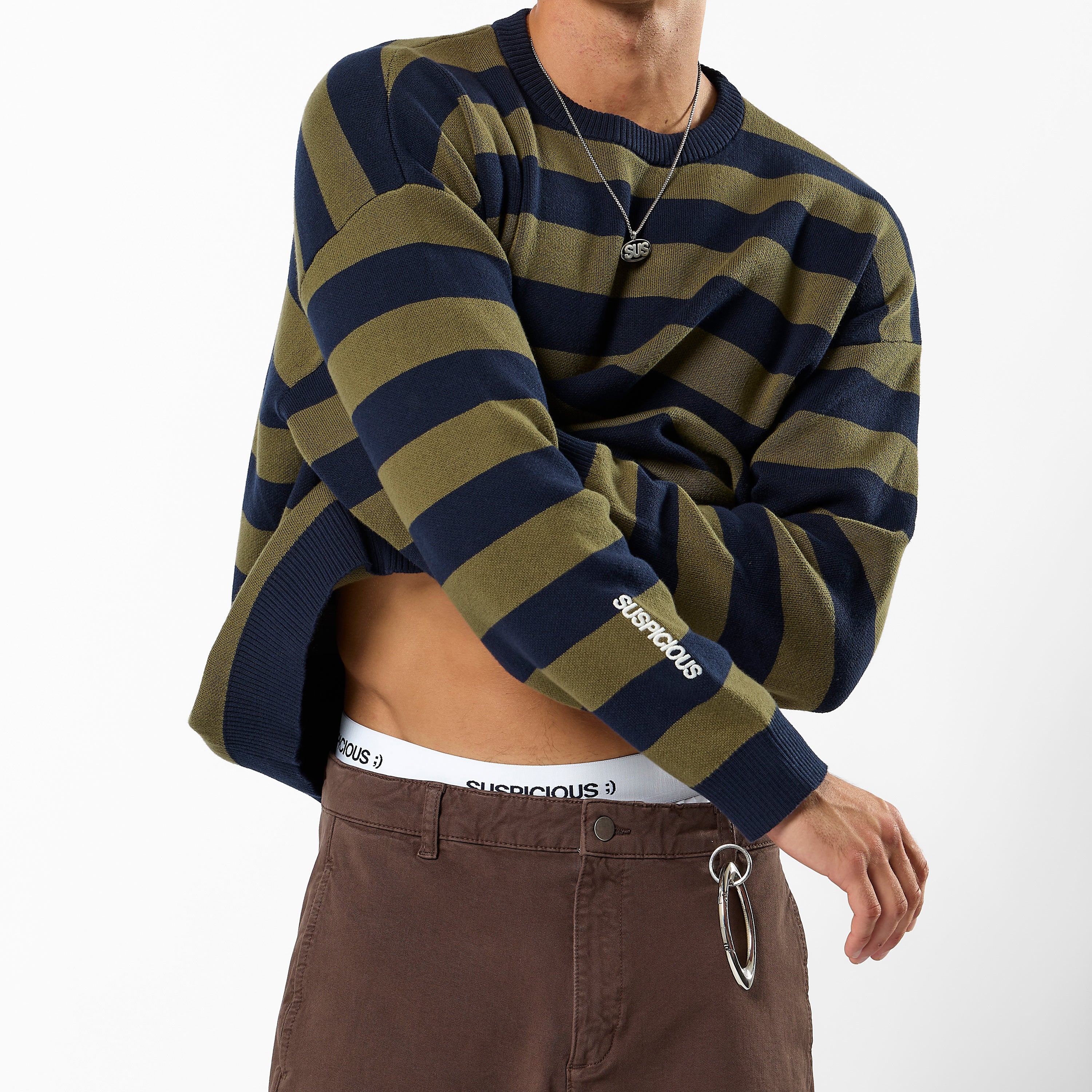 Fall / Striped Cotton Knit - Dark Navy & Olive Green - Image 6