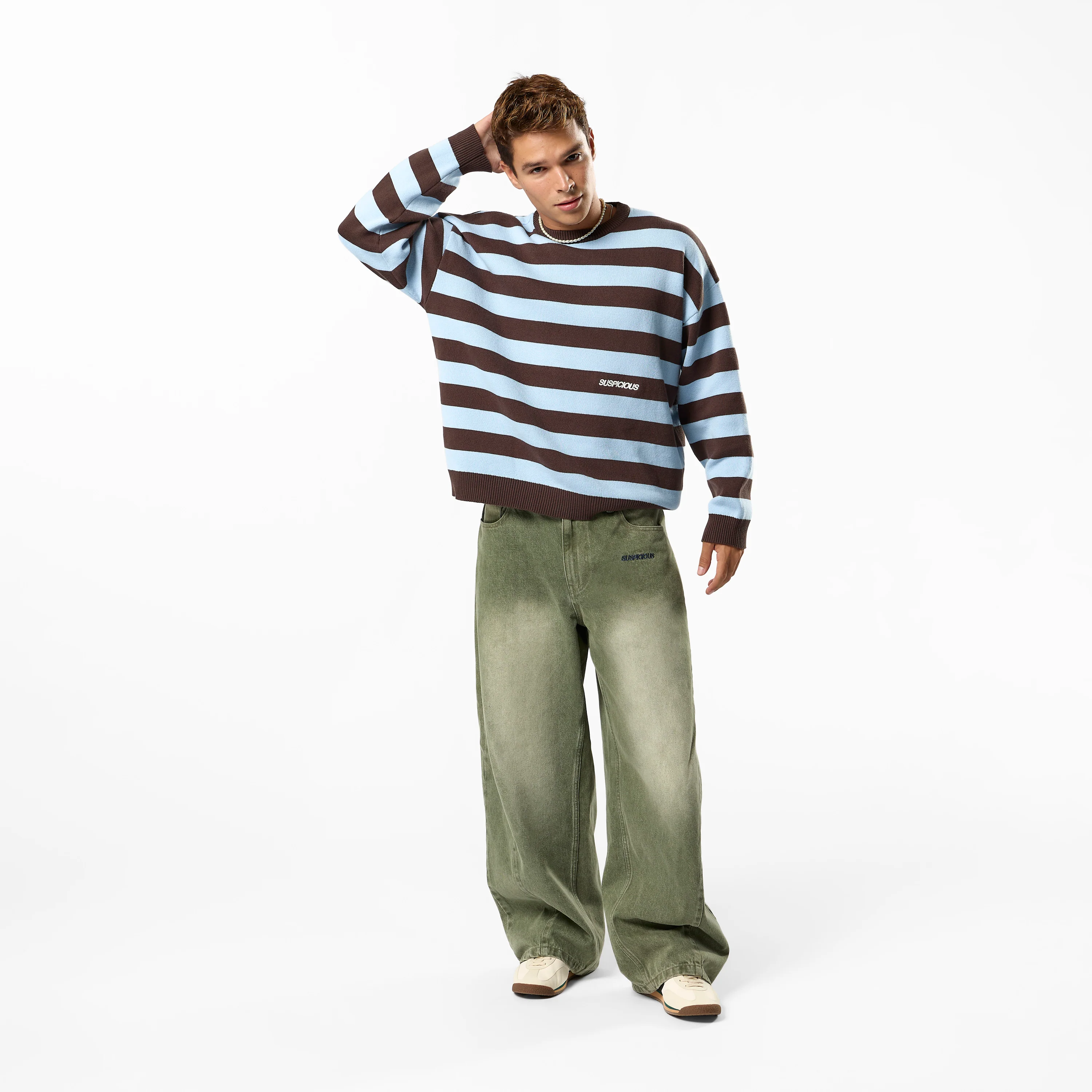 Fall / Striped Cotton Knit - Dusty Blue & Brown - Image 6